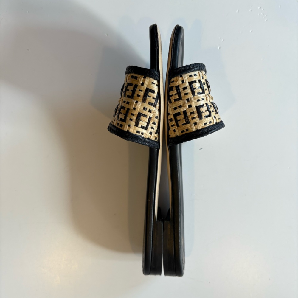 Fendi || FF Monogram Interlace Raffia Woven Slides Sandals Tan Black 39 - Picture 8 of 12